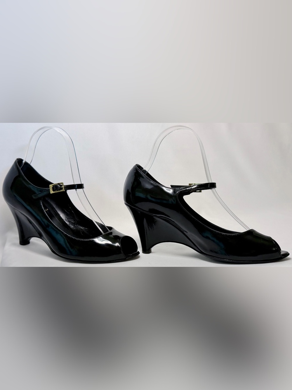 Fendi Vintage Y2K Patent Leather Peep Toe Mary Jane Wedges Heels Black EU 37